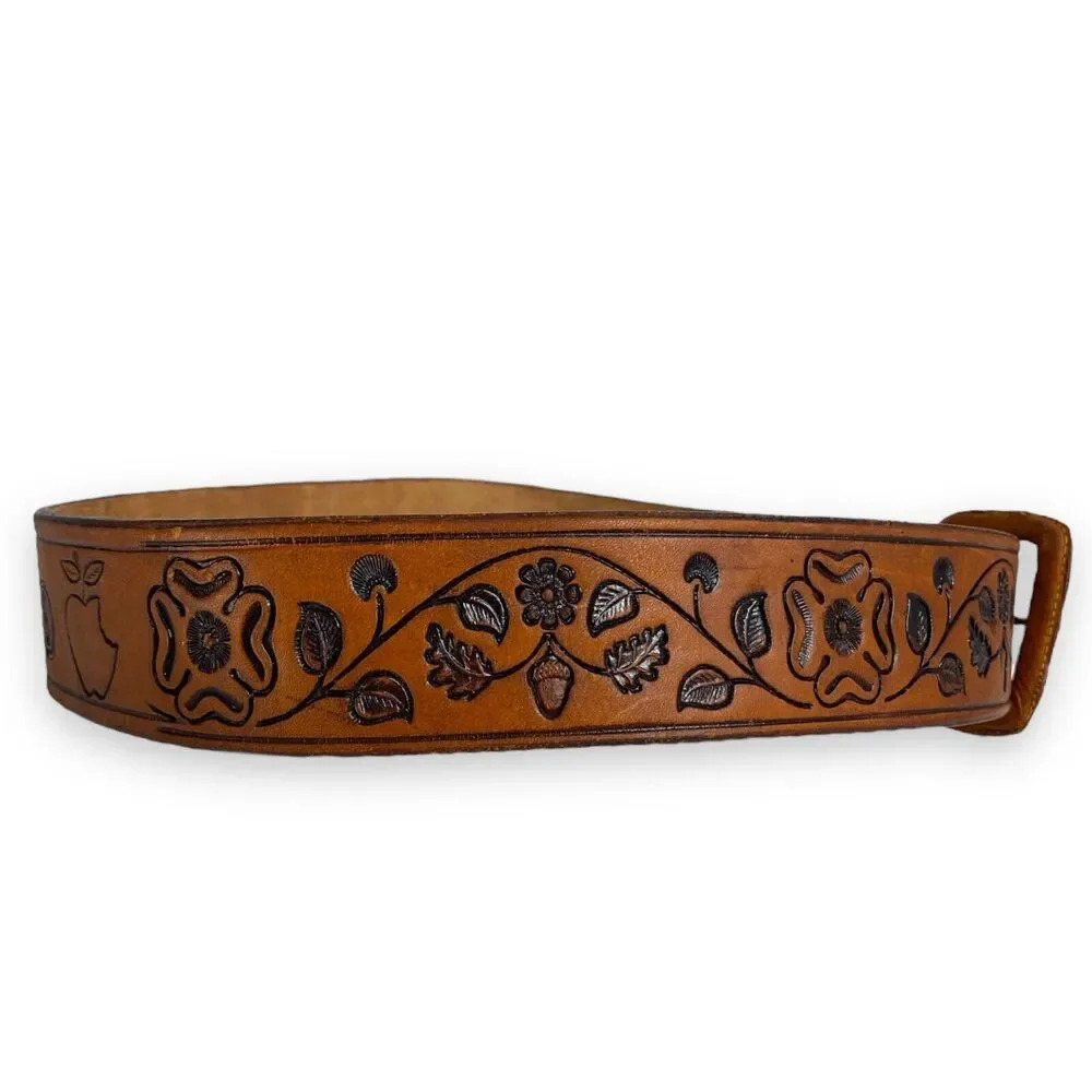 Mexican Tooled Brown Leather Belt Floral Design Size 34 Mexico Apple‎ C14Q
